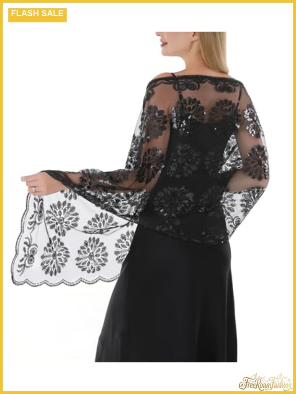 Sheer Chiffon Floral Lace Sequin Shawl Wrap